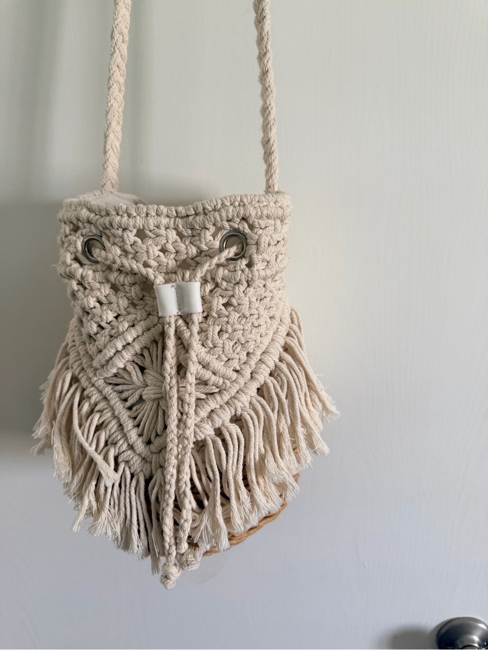 American Eagle Macramé Fringe Woven Bucket Shoulder Bag Boho